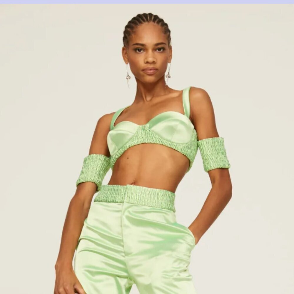 Aliette Green Silk Bralette Smocked Top Sweetheart Neon Green Party Club Sexy